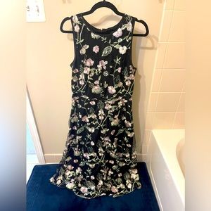 DKNY Black Midi Dress with Embroidered Pink Flowers and Greenery in size USW10